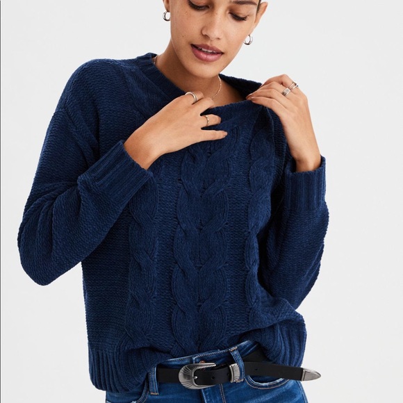 American Eagle Blue Chenille Cable Knit Sweater - Picture 2 of 2